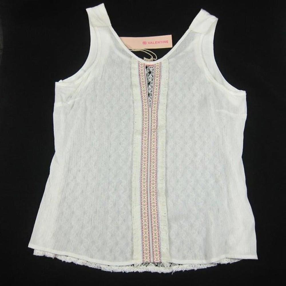 Valentine Tribal Embroidered Fringe Boho Tank Top Medium Cream Crochet Back NWT